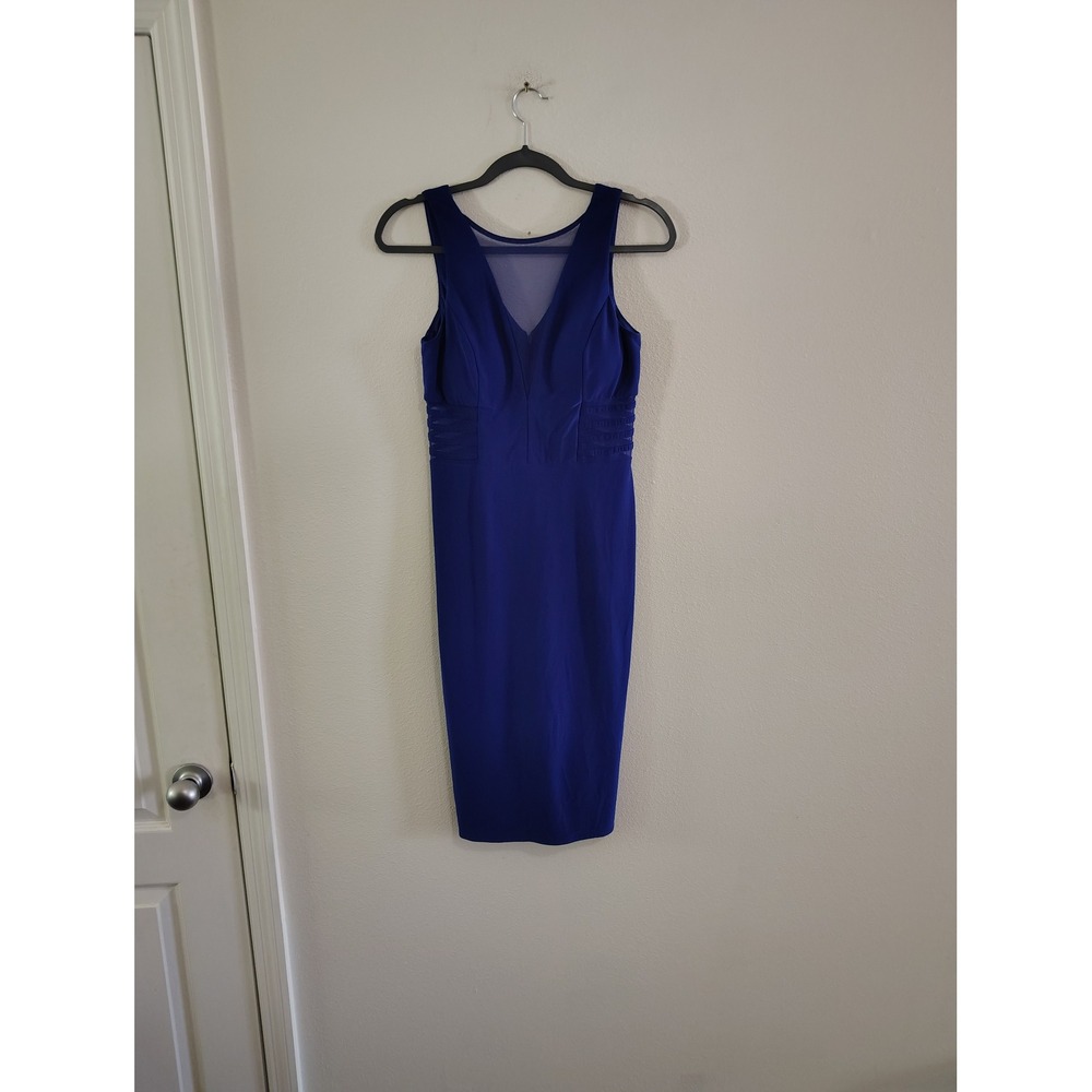 Nightway Royal Blue Mesh V-Neck Bodycon Midi Dress Womens Size 6 Cobalt Cocktail